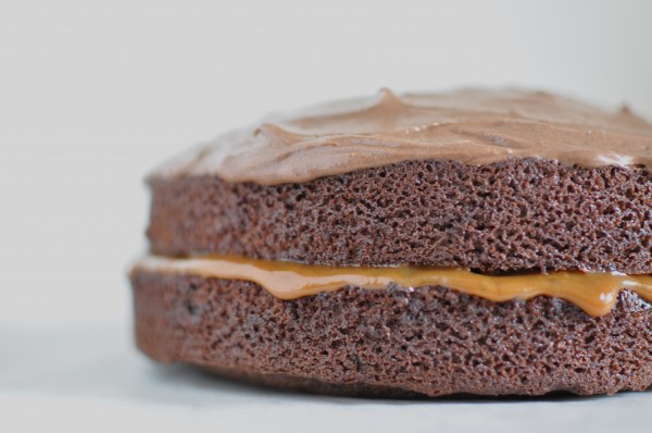 Chocolate cake with salted caramel filling and choc-caramel icing