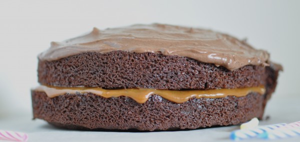 Chocolate cake with salted caramel filling and choc-caramel icing