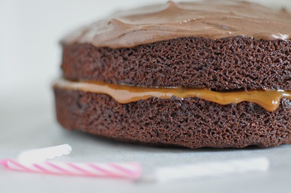Chocolate cake with salted caramel filling and choc-caramel icing