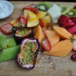 Seasonal tropical fruit plate served with honecomb and coconut yoghurt $14