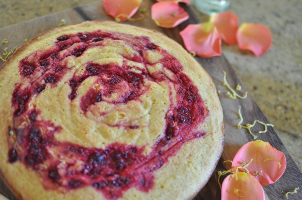 Citrussy polenta cake with raspberry swirl