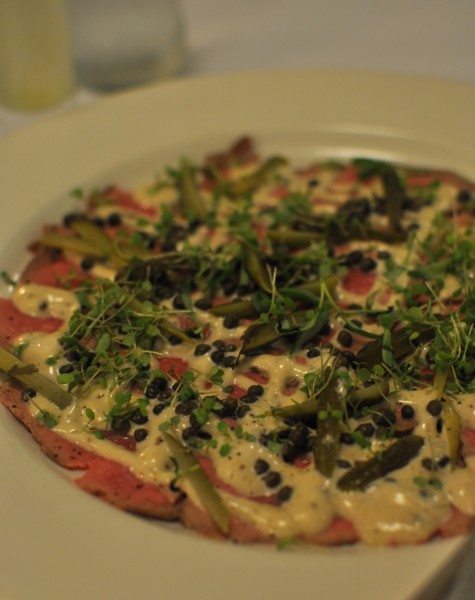 vitello tonnato ($24) - braised gippsland (vic) veal served cold, thinly sliced, topped with a tuna mayonnaise of capers, anchovies and served with cornichons