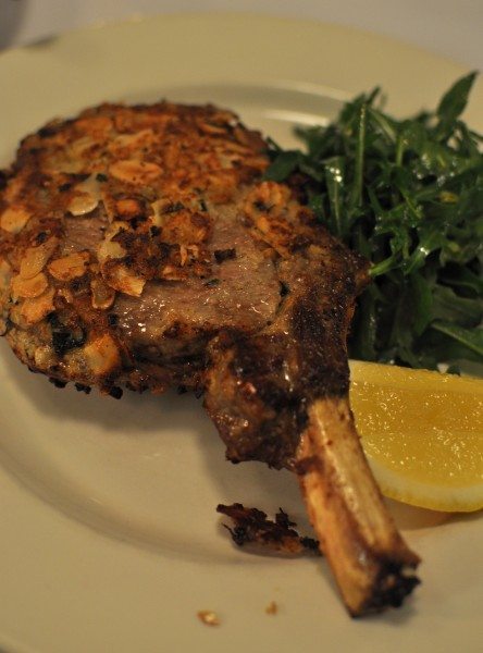 cotoletta alla valdostana ($39.50) - gippsland (vic) veal rack served rare, filled with fontina cheese, sage and prosciutto, coated in an almond and breadcrumb crust, pan fried and served with rocket and fresh lemon