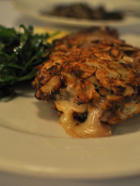 cotoletta alla valdostana ($39.50) - gippsland (vic) veal rack served rare, filled with fontina cheese, sage and prosciutto, coated in an almond and breadcrumb crust, pan fried and served with rocket and fresh lemon