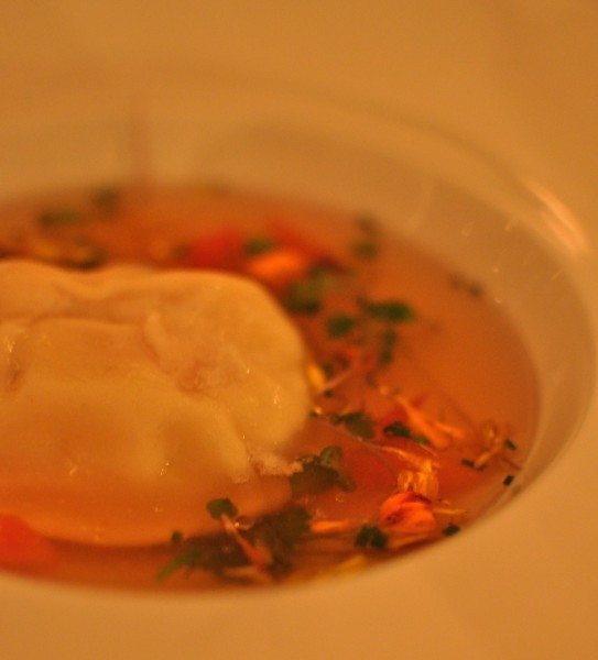 Noosa Spanner Crab Raviolo, Noosa Red Consommé, Flowers 22