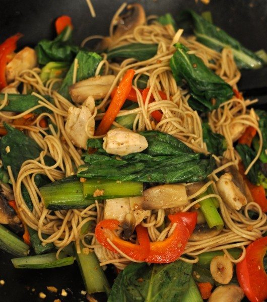 Stir-fried veges with chicken and soba noodles