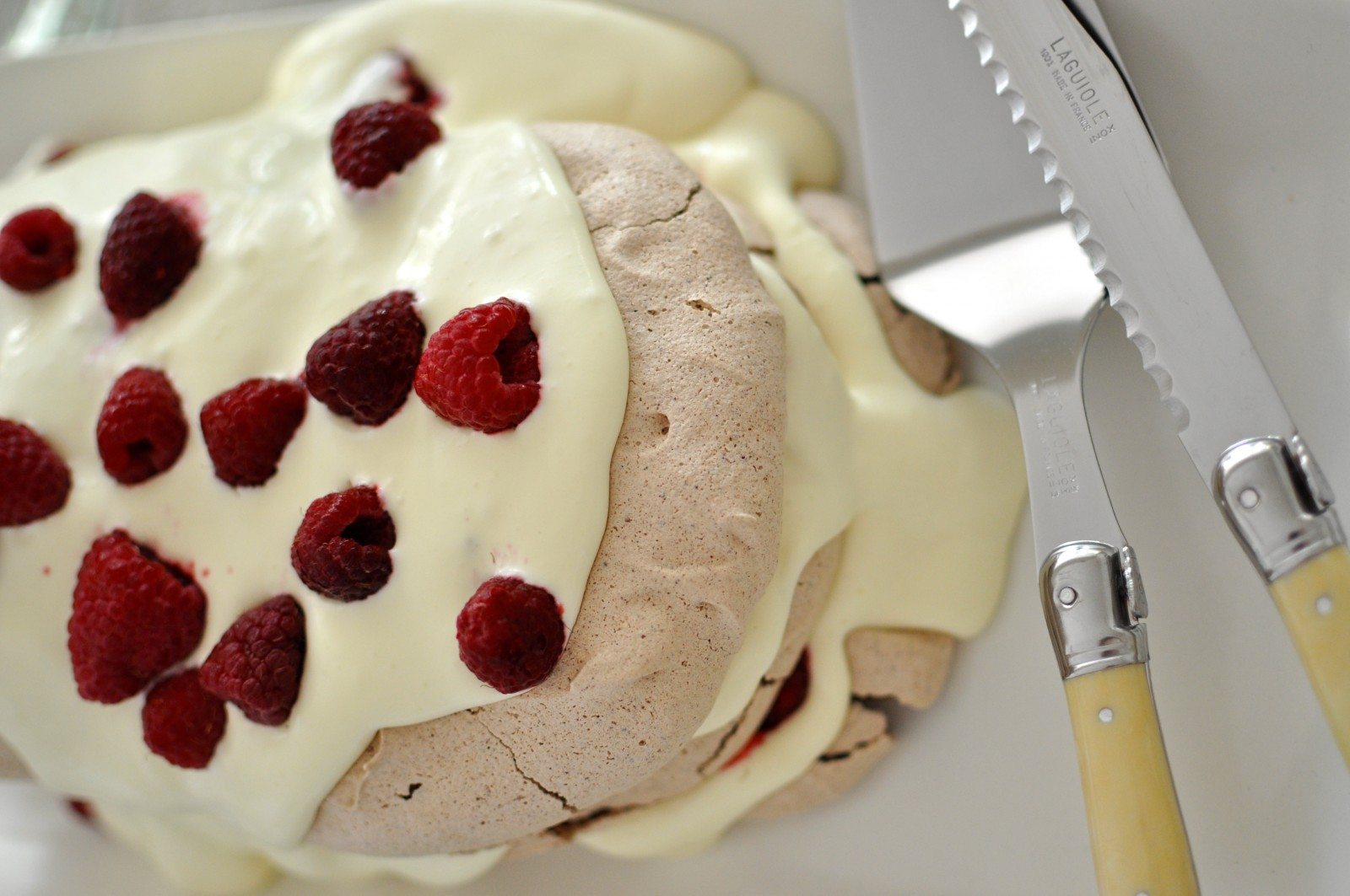 Chocolate and raspberry pavlova stack