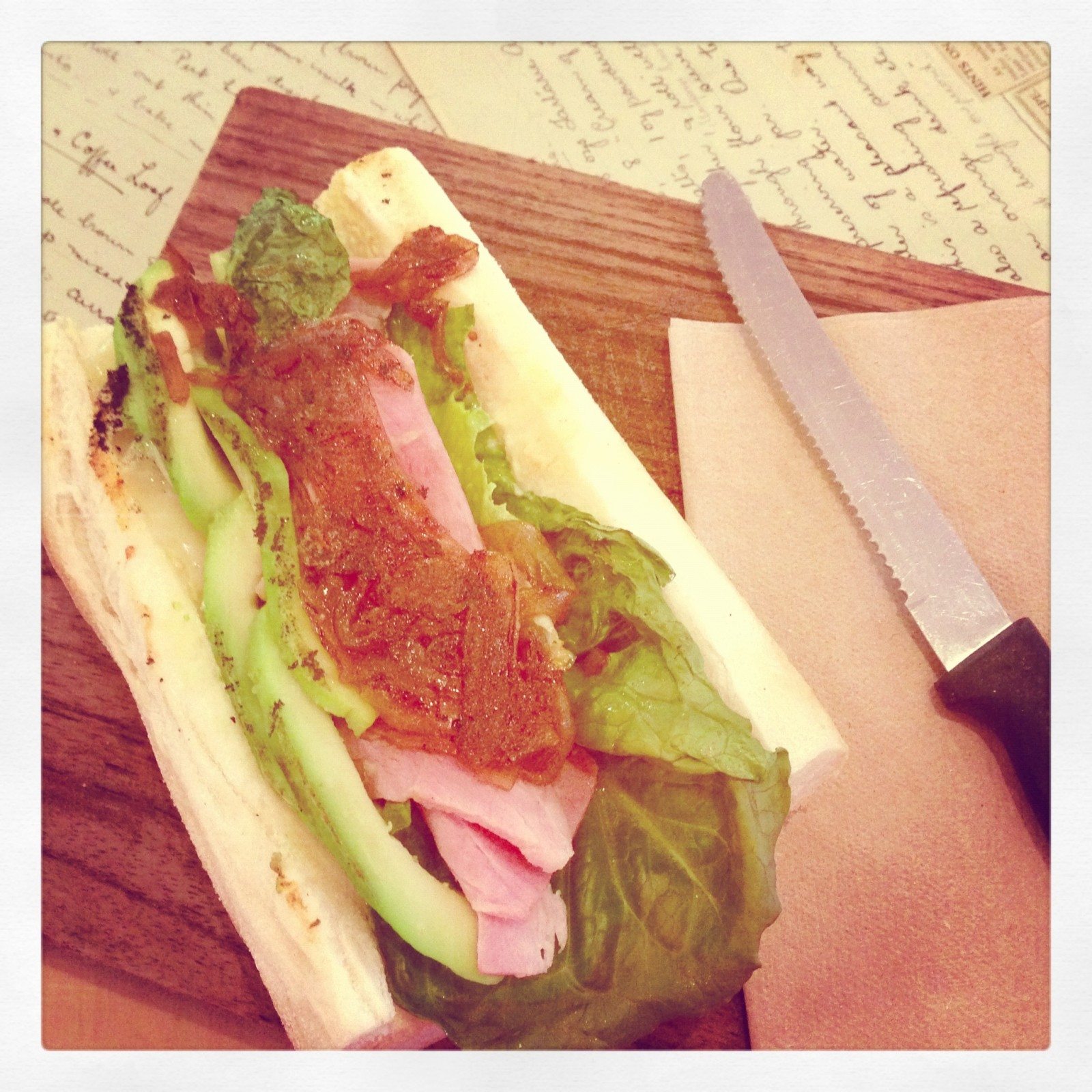 Time for lunch - Bangalow ham, caramelised onion and avo on fresh baguette = delicious!