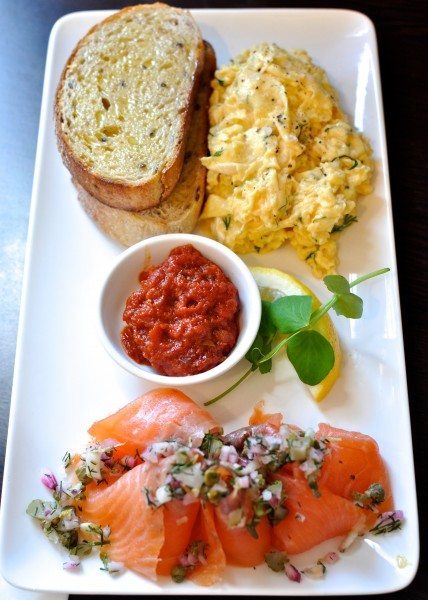 Tasmanian smoked salmon dressed with capers, cornichons and fresh herbs, dill scrambled eggs, seeded peasant toast, smoked tomato compote $17