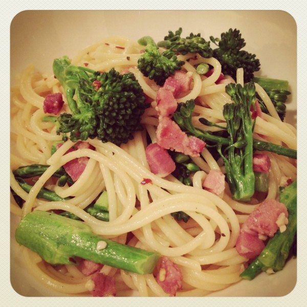 Broccolini, pancetta, garlic and chili spaghetti