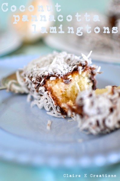 Coconut panna cotta lamingtons via Claire K Creations www.clairekcreations.com Coconut panna cotta lamingtons