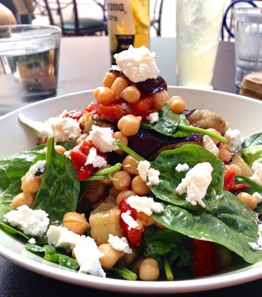 Chick pea salad with grilled eggplant, roasted red peppers,  crumbled feta and lemon dressing $16