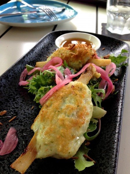 Prawn sugar cane skewers [ gf]  prawn mousse + chunky prawn  on sugarcane skewer  w lemon sauce [2pce] $15