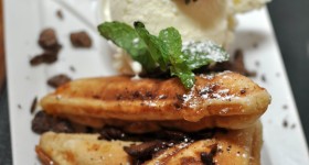 FLIP SIDE - ricotta hotcakes with salted caramel, ice-cream, chocolate & berry garnish $18